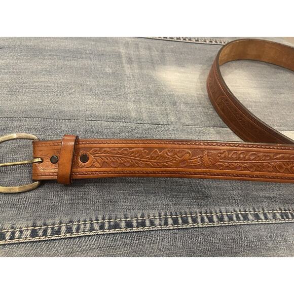 vintage‎ USA made TOOLED buckle belt 46/48 cowhide WESTERN leather ACORN B24 - Picture 1 of 4